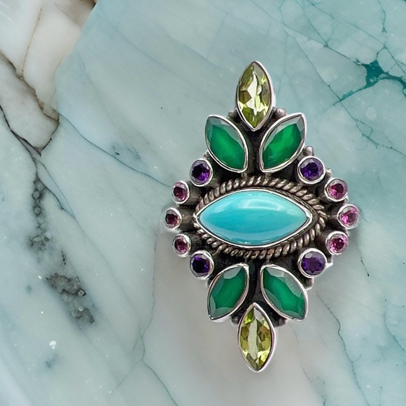 🌟NICKY BUTLER 925 Sterling Silver Turquoise Multi Gem East West Ring Siz… - Picture 2 of 12